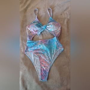 New Shein M Pink Blue Shimmery Pastel Cutout Bathing Suit High Cut Twist Tie